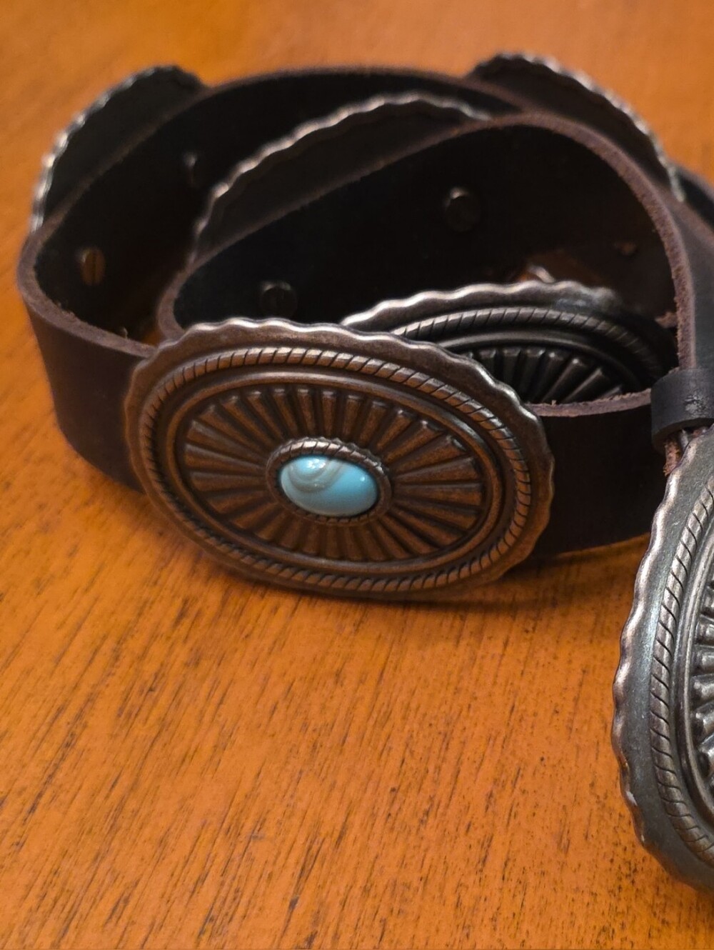 Women's Black Leather Concho Belt with Turquoise Accents